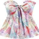 Milumia Women's Floral Plants Print Tie Front Tube Top Ruffle Trim Strapless Peplum Tops (M)