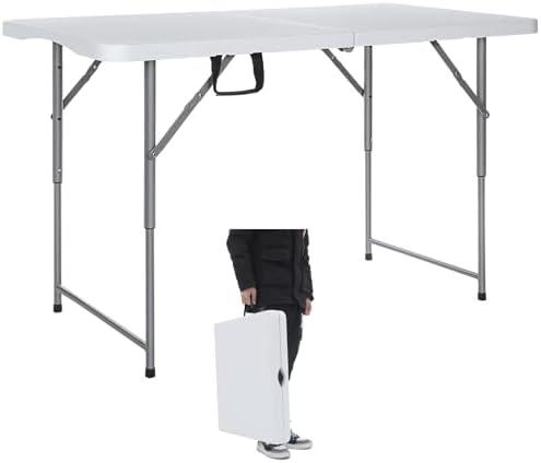 Lakhow Folding Table 4-FootSmall White Plastic Utility Table Portable,Indoor and Outdoor Adjustable Height with HandleTable, Camping,Partyand Gathering