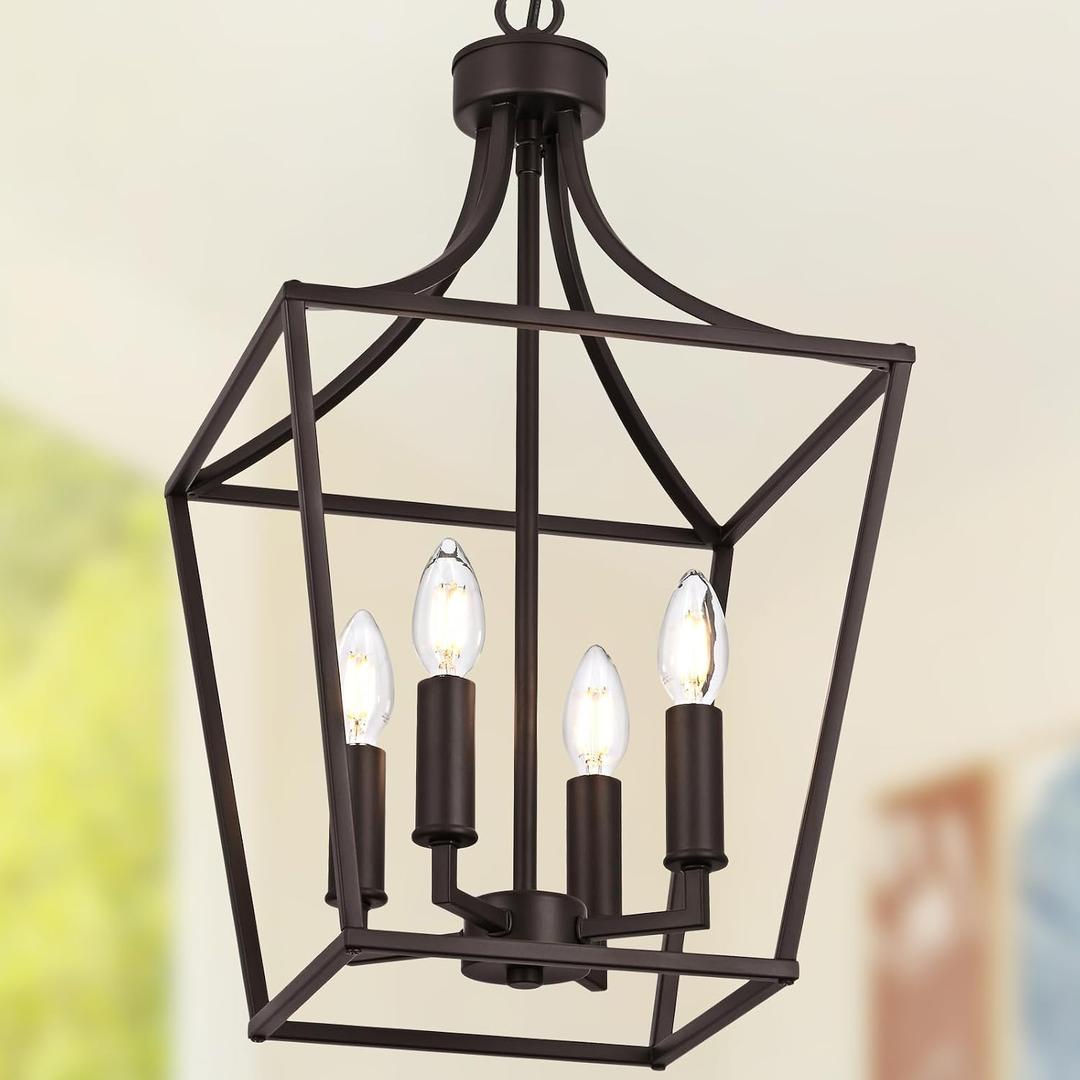 4-Light Farmhouse Lantern Chandelier, Height Adjustable Pendant Light Fixture Hanging Kitchen Lighting for Foyer Dining Room Over Table, E12 Bulb Base & Oil Rubbed Bronze