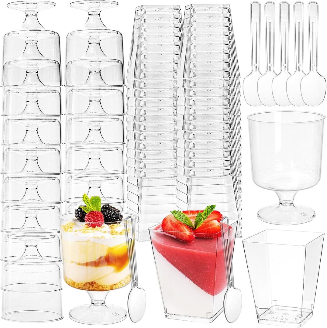Youeon 150 Pcs Mini Clear Plastic Dessert Cups with Spoons, 5 Oz Mini Parfait & Appetizer Cups for Party, Shooter Glasses for Dessert, Pudding, Mousse, Fruit