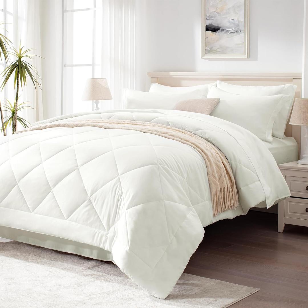Love's cabin King Size Comforter Set Ivory, 7 Pieces King Bed in a Bag, All Season Bedding Sets with 1 Comforter, 1 Flat Sheet, 1 Fitted Sheet, 2 Pillowcase and 2 Pillow Sham | Soft, Breathable, Lightweight, Comfortable