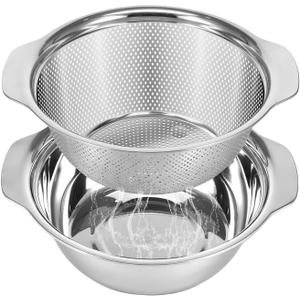 Stainless Steel Microporous Colander for Kitchen, 3.5QT Large Capacity, Colander and Bowl Set of Two, Stainless Steel Drain Basket with Mixing Bowl, for Washing Fruits and Vegetables (10.49.1 inch) 