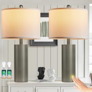 Table Lamps for Living Room Set of 2, 24.5" Modern Table Lamps for Bedroom with USB C+A Ports, Creative Stripe Touch Lamps for Nightstand, 2 Bulbs Included