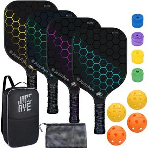 JoncAye Pickleball Paddles Set of 4 or 2, USAPA Approved Fiberglass Rackets with Outdoor Indoor Balls, Bag, Overgrip, Lightweight for Family, Professional Equipment for Beginners Intermediate (Blue Pink Green Yellow)