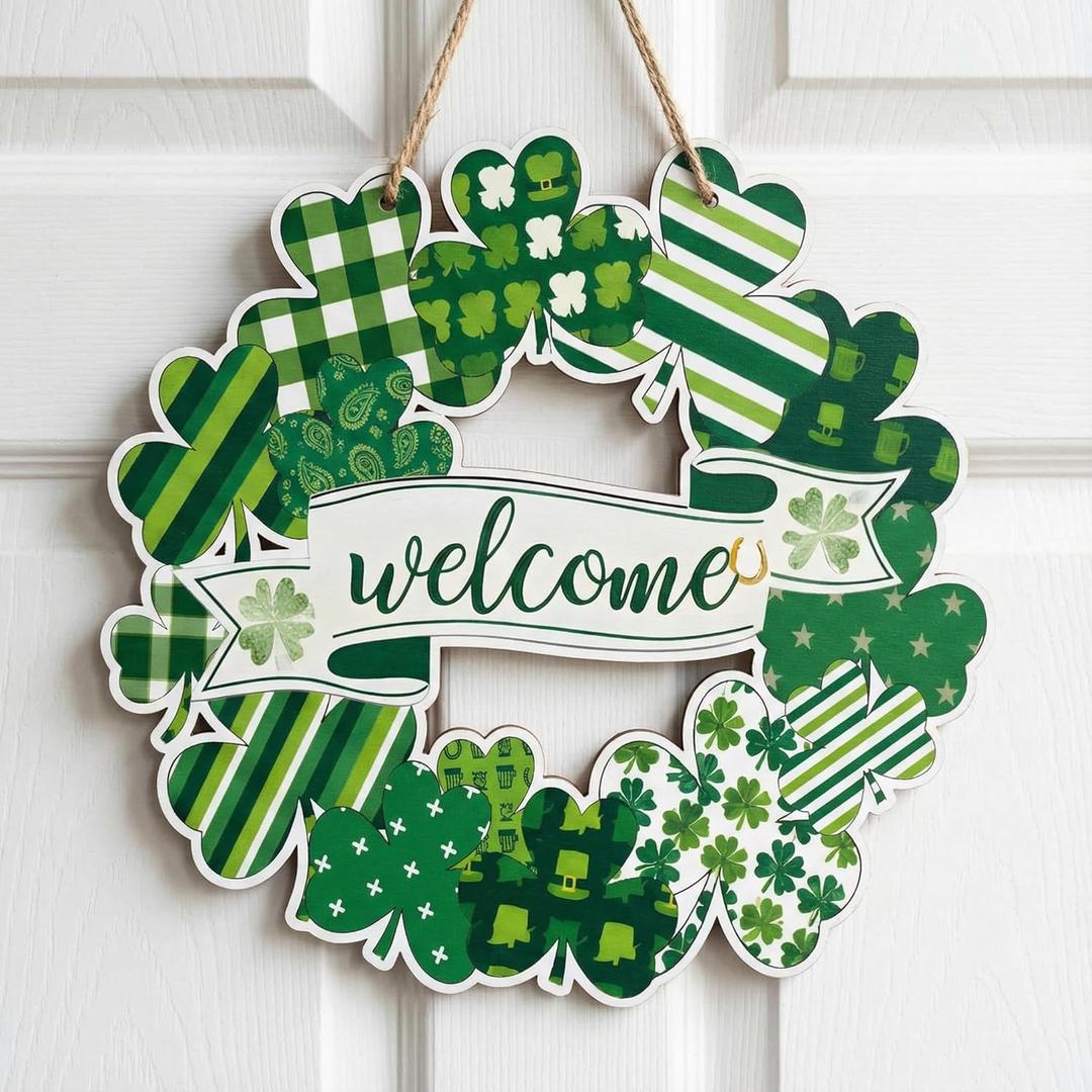 St. Patrick's Day Shamrock Wreath for Front Door - Lucky Welcome Door Sign Wreath Hanger for Wall, Home & Party Decor - Dark Green