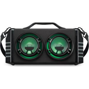iLive Electronics IBB503GEO Portable Bluetooth Boombox with FM Radio and 2 Microphone Inputs, Color Changing LED Lights, Carry Strap, Black with Geometric Pattern