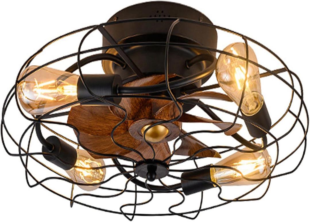 DACHUI Rustic Caged Ceiling Fans with Lights and Remote, 20" Low Profile Ceiling Fan with 6 Speeds 3 Timing and Reversible Farmhouse Flush Mount Bladeless Ceiling Light Fixture (Black-20 inch)