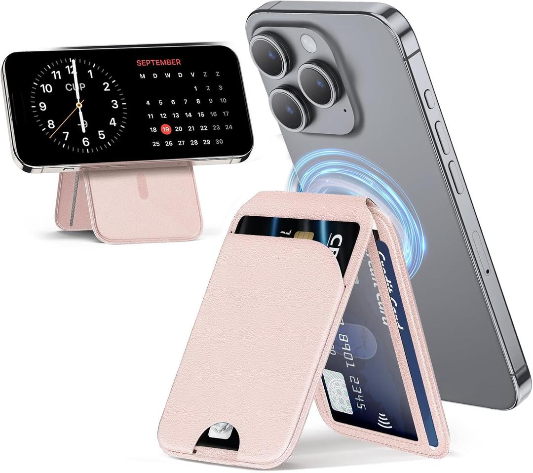 QYQBOON Mag-Safe Wallet for Women Strongest Magnetic Lightweight Phone Wallet Stand Adjustable Leather Card Holder for iPhone 17/16/15/14/13/12 Series, Not for iPhone 13/12 Mini (Pink)