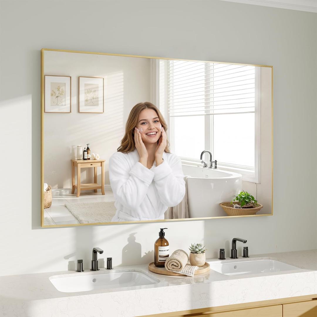 Koonmi Gold Mirrors for Wall, 30x48 Inch Bathroom Mirror, Rectangular Wall Mirror for Living Room Bedroom Bathroom, Hangs Horizontally or Vertically