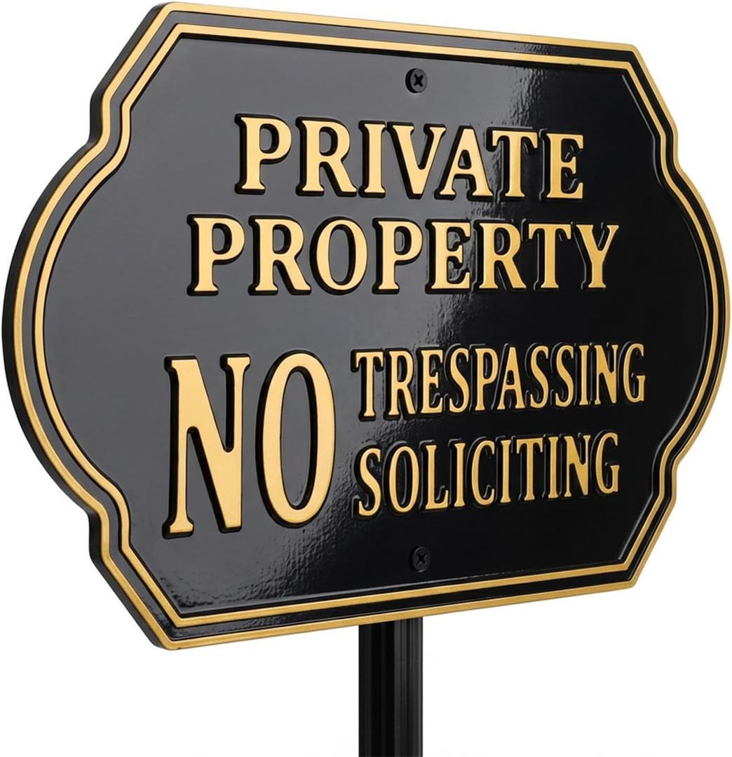 No Soliciting Sign for House, Private Property No Trespassing Sign with 32" Lawn Stake, 11x7 Inch Heavy-Duty Aluminum Metal Plaque, Weatherproof Yard & Outdoor Security Sign(A601)