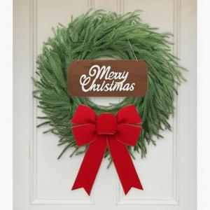Daifunli 24" Rustic Christmas Wreath with Wooden Sign & Velvet Bow Farmhouse Norfolk Pine Door Decor Shake to Fluff Fullness Winter Holiday Wall & Window Accent Reusable Xmas Gift