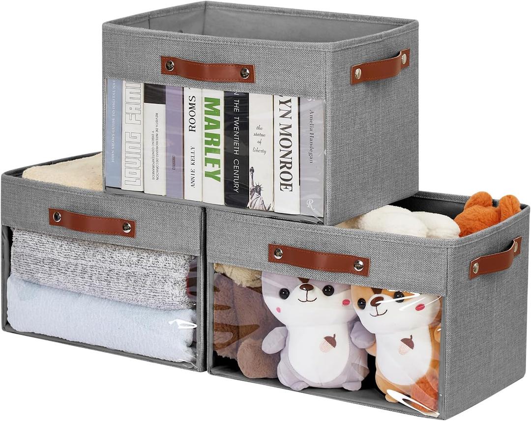 Large Storage Baskets with Clear Window, See Through Closet Organizer with PU Handles, Linen Foldable Storage Bins for Organizing Clothes, Toys, Books (Gray) (Large-14.9"x9.8"x9.8")