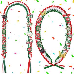 Suncalla 2 Pcs Graduation Leis Class of 2026 Mexican Money Ribbon Leis Graduation Necklace with Glittery Pins Red White Green Braided Ribbon Necklace for Grad Gift High School University Ceremony DIY