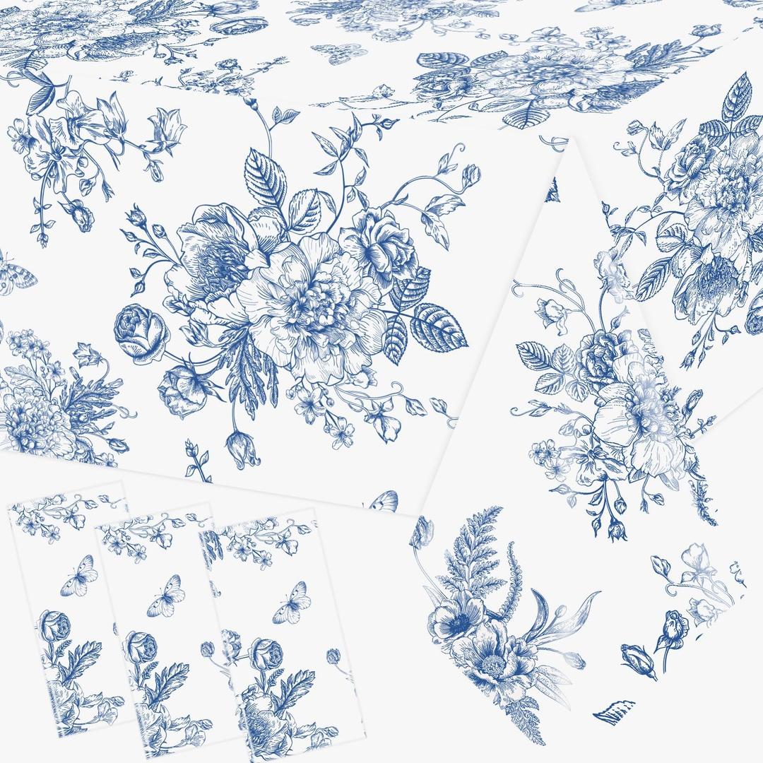 3Pcs Blue Floral Tablecloth, 52 x 87 Inch Vintage Flower Table Cover, Rectangle Floral Table Cover, Blue and White Porcelain Tablecloth for Spring Tea Wedding Shower Birthday Party