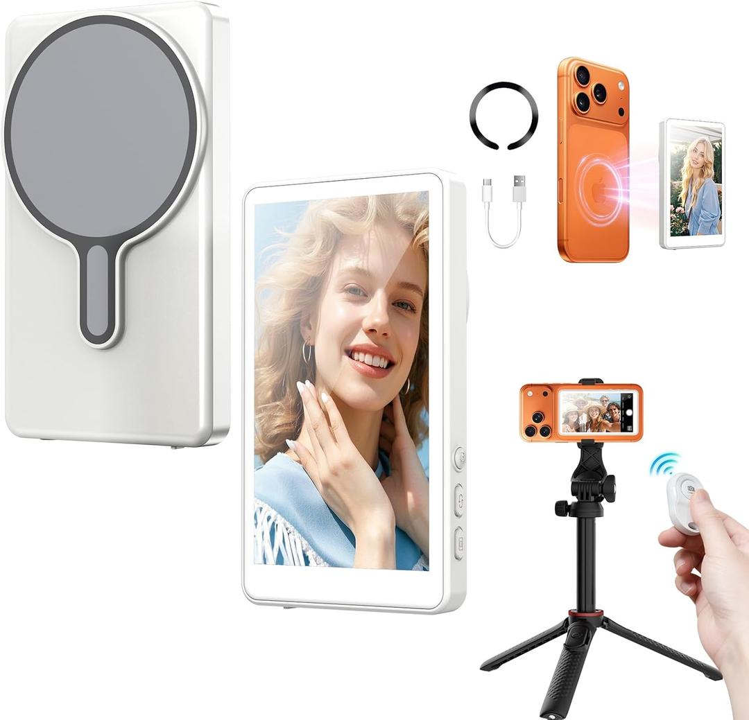 Magnetic Selfie Monitor Screen for iPhone & Android, Wireless 4K/1080p Phone Vlog Back Camera Monitor for Content Creator, Influencer, Live Streaming, TikTok (White)