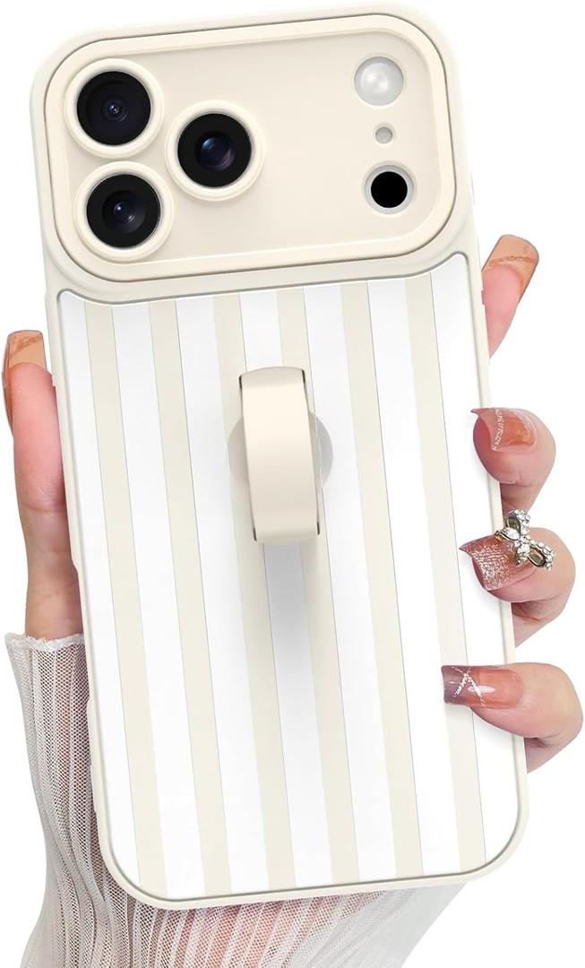 KANGHAR Compatible with iPhone 17 Pro Case 2025, Silicone Stripes Cute Pattern, Wristband Kickstand Camera Protection Soft Slim Cover for Girls Women, White