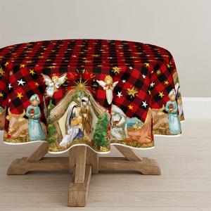 Horaldaily Christmas Tablecloth 7070 Inch Round, Holy Nativity Red Buffalo Plaid Washable Table Cover for Party Picnic Dinner Decor