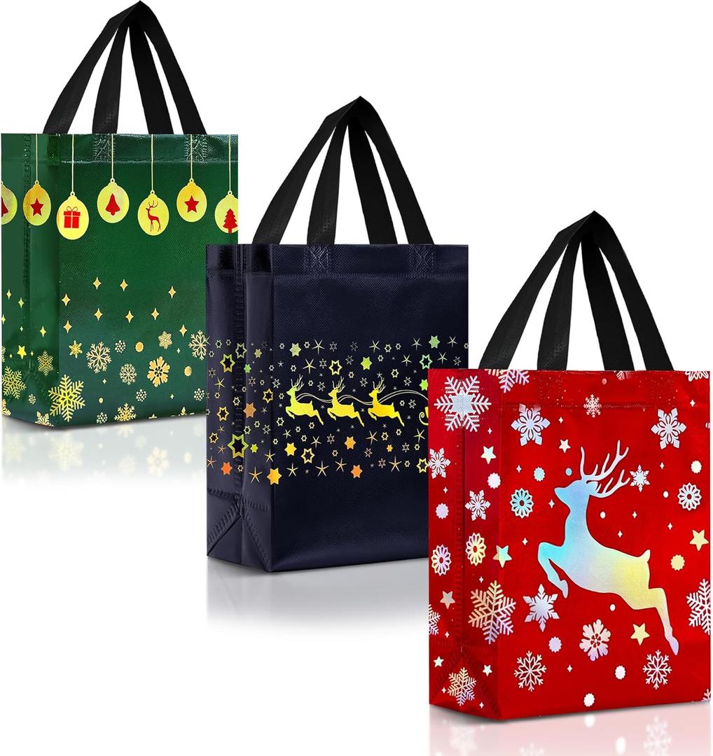 Nush Nush 12 Christmas Gift Bags with Handles  Reusable Christmas Bags for Gifts Medium Size - Holiday Gift Bags in Festive Red, Green & Navy Blue Mix - Perfect Party Favor Bags for Xmas - 8x4x10