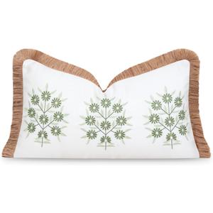 Hofdeco Premium Coastal Patio Indoor Outdoor Lumbar Pillow Cover Only, 12"x20" Water Repellent for Backyard, Couch, Green Embroidered Floral with Fringe