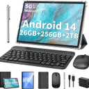 2025 Tablet, Android 14 Tablets 10 inch with Keyboard, 26GB RAM+256GB ROM(2TB Expand), 2-in-1 Tablets with 8-Core, 8000mAh, 5G WiFi, Widevine L1, GMS, with Case, Keyboard, Mouse, Stylus(Black)