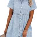 GRAPENT Denim Dress for Women Babydoll Tiered Short Sleeve Button Down Jean Shirt Dresses, Medium