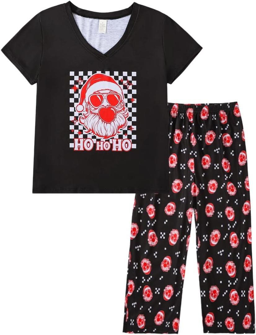 YIJIU Women's Short Sleeve Tops and Capri Pants Cute Cartoon Print Pajama Sets (S)