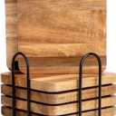 Acacia Wood Coasters with Iron Holder Stand for Coffee Table, Drink Protection Decor (Square Acacia Wooden Set 6)