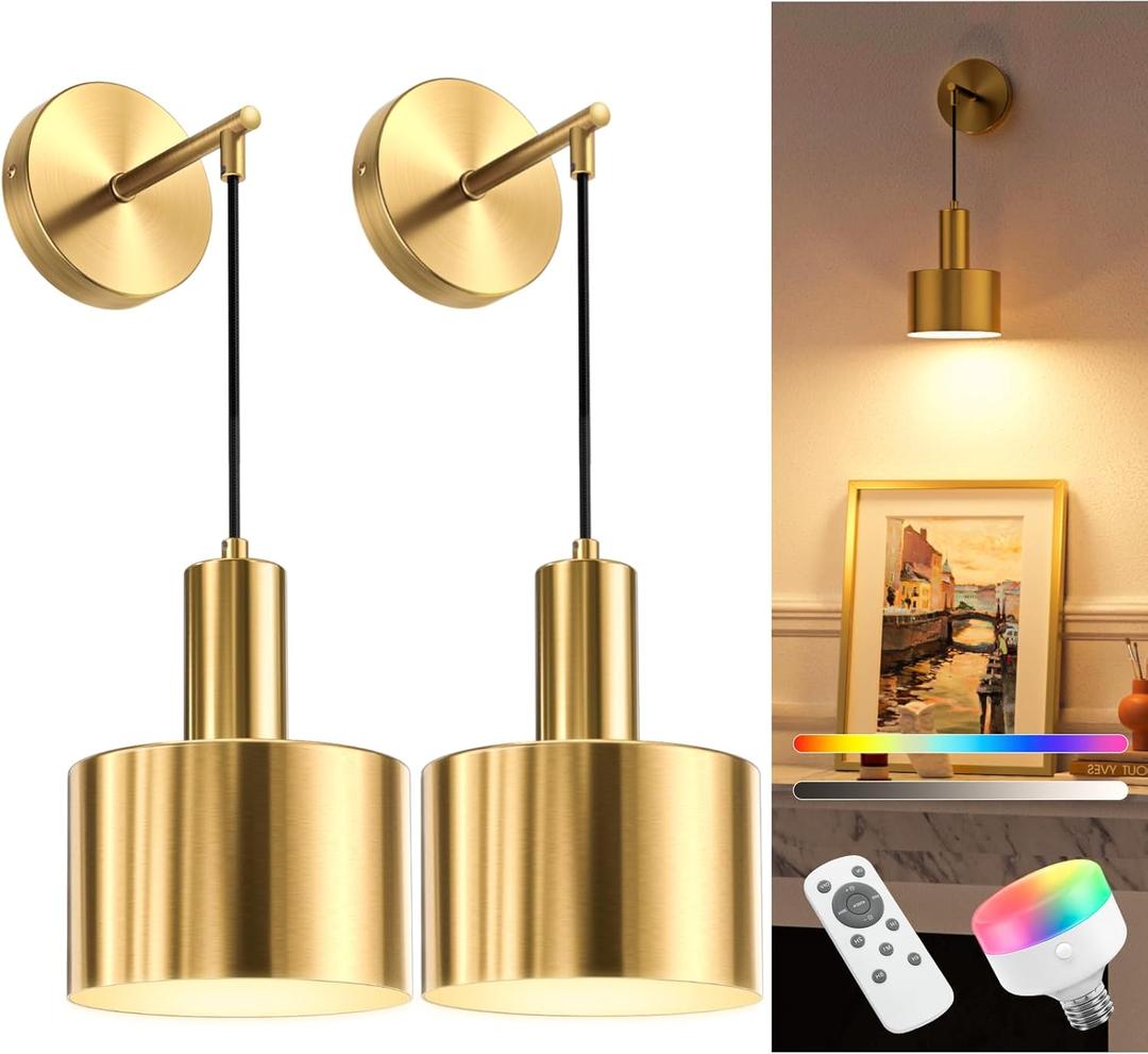 NIORSUN Battery Operated Wall Sconce Set of 2, Gold Wireless Rechargeable Wall Lights with 5200mAh Dimmable Detachable Bulbs and Remote, 9 Colors Sconces Wall Decor for Bedroom Living Room Hallway