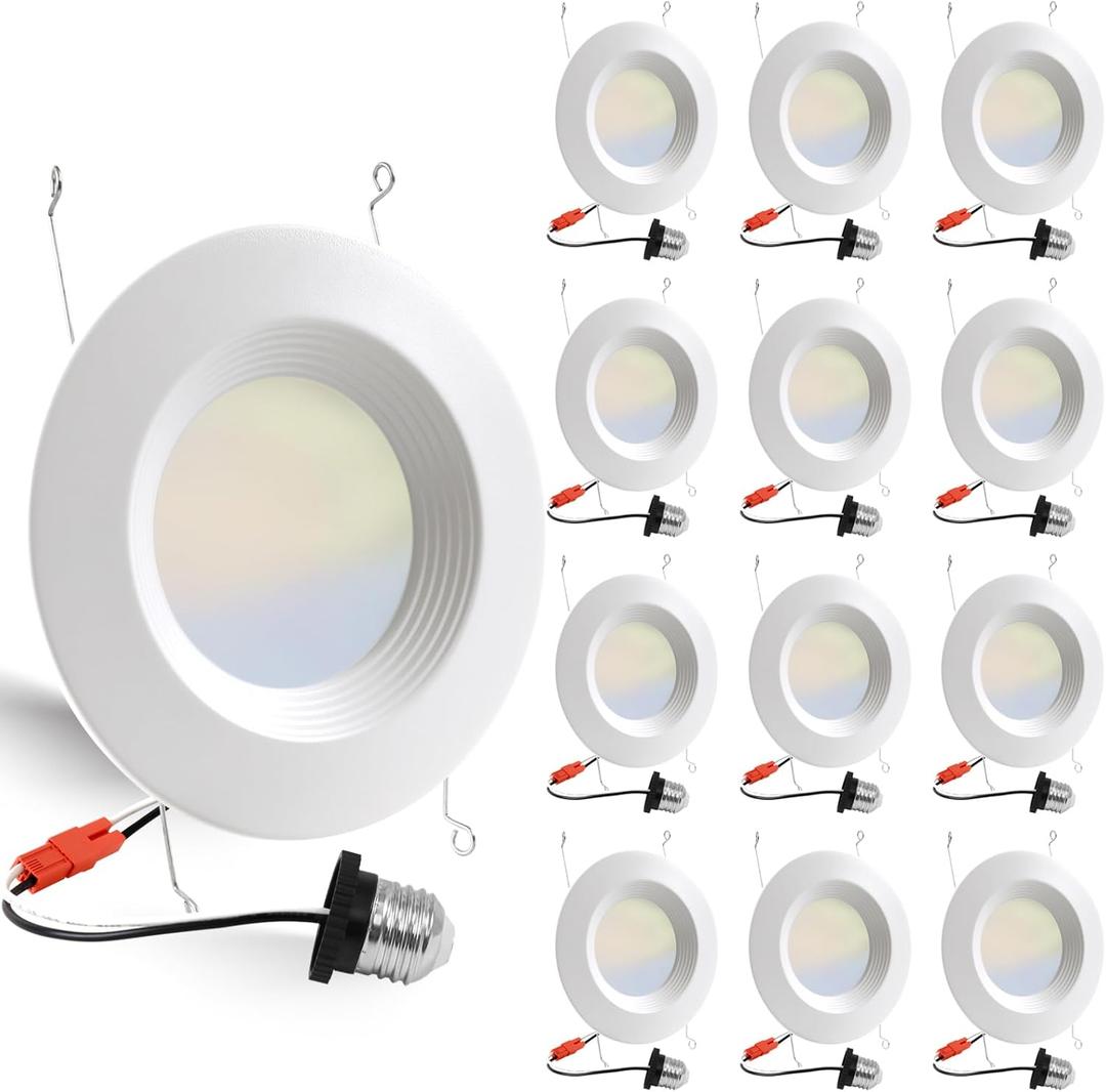 12 Pack 5/6 Inch 5CCT LED Recessed Lighting Retrofit, 2700K/3000K/4000K/5000K/6500K Selectable, Dimmable Can Lights with Baffle Trim, 12W=150W, High Brightness 1000LM, IC& Wet Rated, ETL&FCC Certified
