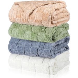 Buryeah 4 Pcs Flannel Fleece Throw Blanket for Bed Couch Large 3D Checkered Soft Throw Blanket Winter Warm Lightweight No Shedding No Pilling Neutral Boho Decor, 50 x 60 Inch