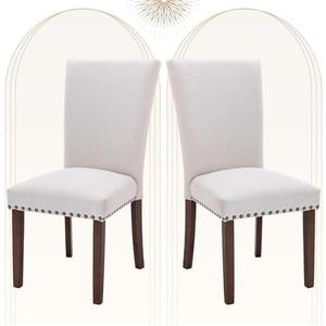 COLAMY Upholstered Parsons Dining Chairs Set of 2, Fabric Dining Room Kitchen Side Chair with Nailhead Trim and Wood Legs - Beige 