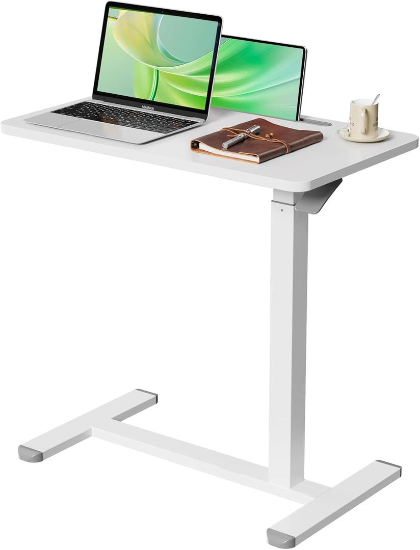 Mobile Standing Desk, Pneumatic Adjustable Rolling Desk(27.5 Inches), Portable Laptop Desk with Wheels, Overbed Bedside Table Laptop Table for Couch, Home, Office, White (28")