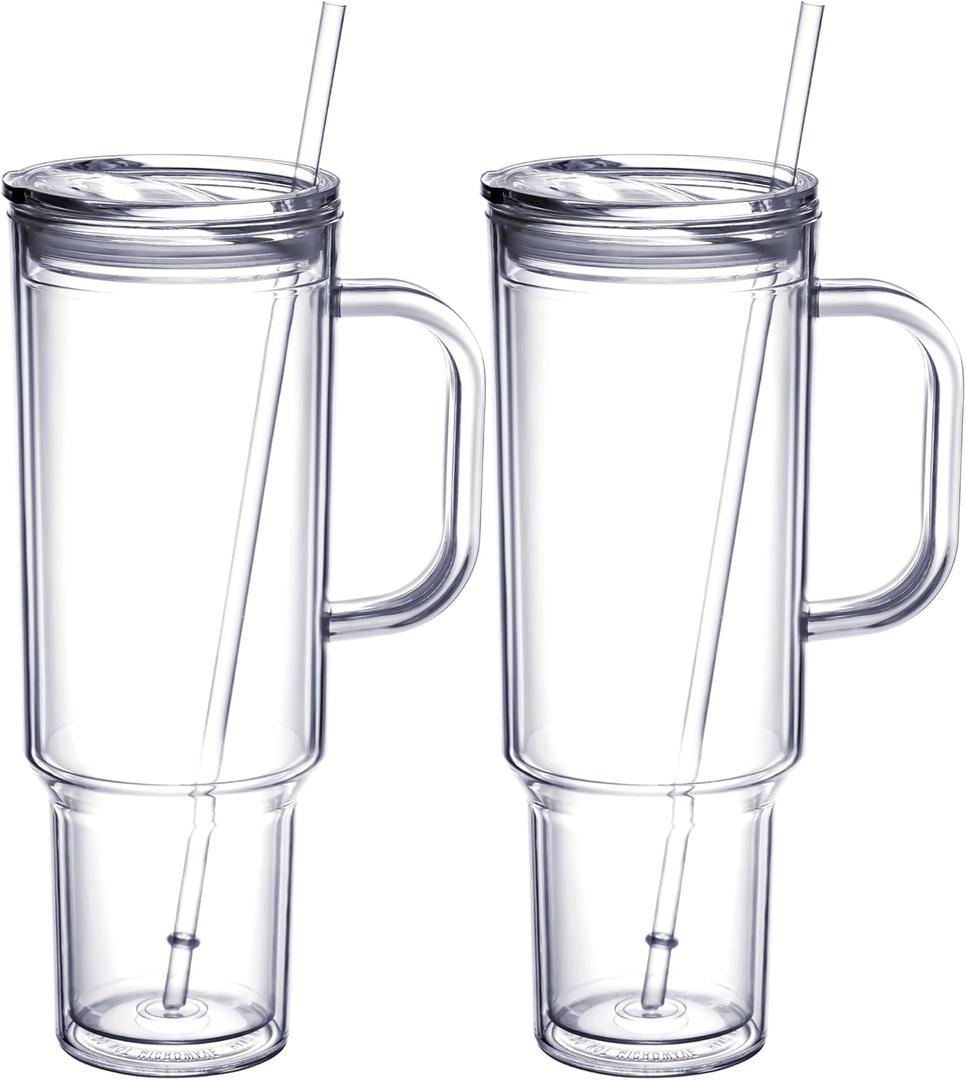 MEWAY 40 oz Tumbler with Handle and Straw LidDouble Wall Vacuum Reusable plastic Water Bottle Travel Mug CupClassic Acrylic Tumblers Cupholder Friendly (2 Pack) (Transparent)