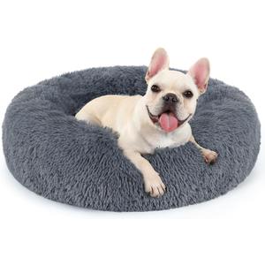rabbitgoo Calming Dog Bed for Small Medium, 27 inches Pet Bed Machine Washable, Non-Slip Round Fluffy Plush Faux Fur, Soft Donut Cuddler Cushion for Small Dogs, Dark Grey