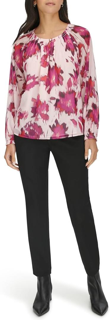 Calvin Klein Womens Button Front Printed Long Sleeve Blouse (X-Large, Pale Pink/Pink)