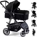Baby Stroller, 2-in-1 Reversible Toddler Seat with Lie-Flat Mode, Foldable Infant Stroller with Canopy, One Button Brake, Adjustable Handle, Newborn Pushchair (Black B)