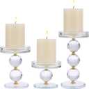OwnMy Set of 3 Gold Crystal Glass Pillar Candlestick Holders Votive Candle Holder Set, Clear Glass Tea Light Candle Stick Holders Pillar Candle Stand Modern Candle Centerpiece for Living Room Wedding
