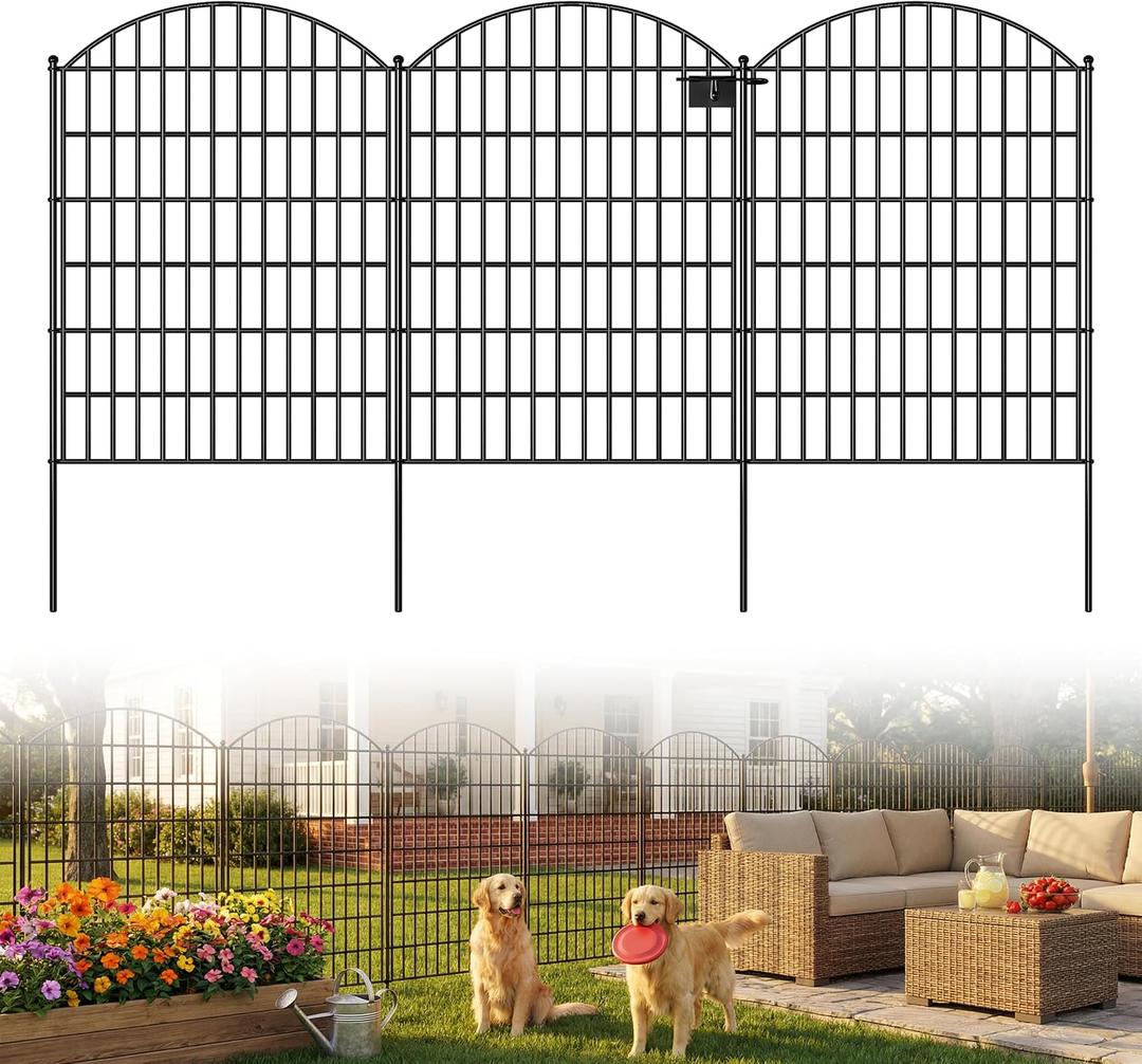 Toolterritary 5 Panels Arched No Dig Decorative Garden Fence with Gate, 40in(H) x 12.5ft(L) Dog Fence Outdoor for Yard, Rustproof Metal Garden Fence Animal Barrier for Dogs, Rabbits & Patio