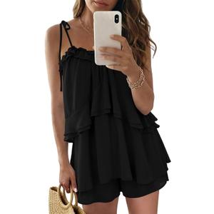 Wenrine Womens Summer Romper Dress Chiffon Spaghetti Strap Sleeveless Ruffle Tiered Short Jumpsuits Beach Vacation Rompers (Black, S)