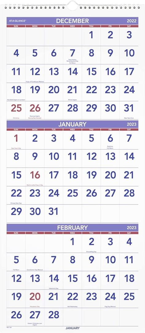 AT-A-GLANCE 2023 Wall Calendar Planner, 14 Month, Paper, 12" x 27", Large, Vertical, 3 Month Reference (PM1128), Blue