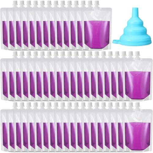 Patelai Plastic Liquid Pouch Reusable Juice Pouches Travel Water Pouch Leak Proof Bags Bulk with Collapsible Silicone Funnel for Travel Outdoor (60 Pieces,24 oz)