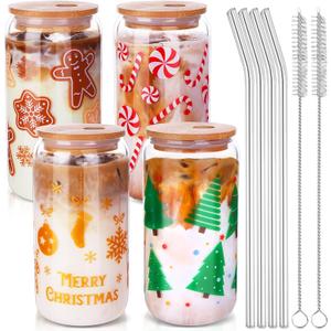 4Pcs Christmas Glass Cups, 16oz Christmas Mason Jars with Lid and Straw Tumbler Drinking Glasses Coffee Cups Jar Decor Glassware Water Bottles Xmas Home Decorations Gift for Kids Women Men