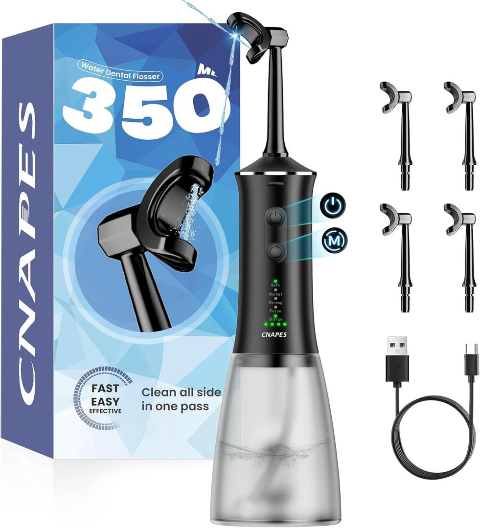 Cordless Water Flosser for Teeth - Portable Dental Flosser Pick with 360 Rotating U-Shaped Nozzle, 350ML Large Tank, 4 Modes, IPX7 Waterproof, 30-Day Battery Rechargeable for Travel & Braces (Deep Black)