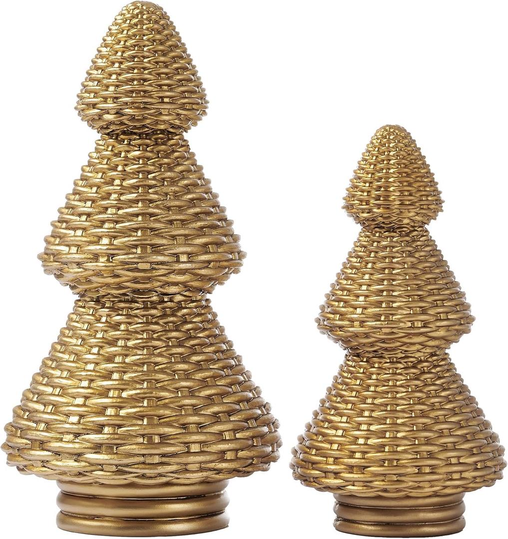 DN DECONATION Gold Christmas Tree Figurines, Natural Rattan Style Tabletop Christmas Decor, Set of 2 Resin Xmas Trees for Home, Mantel, Desk, Holiday Centerpiece