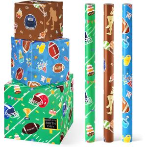 WERNNSAI Football Wrapping Paper Rolls - 3 Short Rolls Sports Gift Wrap Paper Kids for Kids Birthday Party Gift Packing Supply Green Brown Blue Wrapping Paper with Cut Lines 17 in x 10 ft