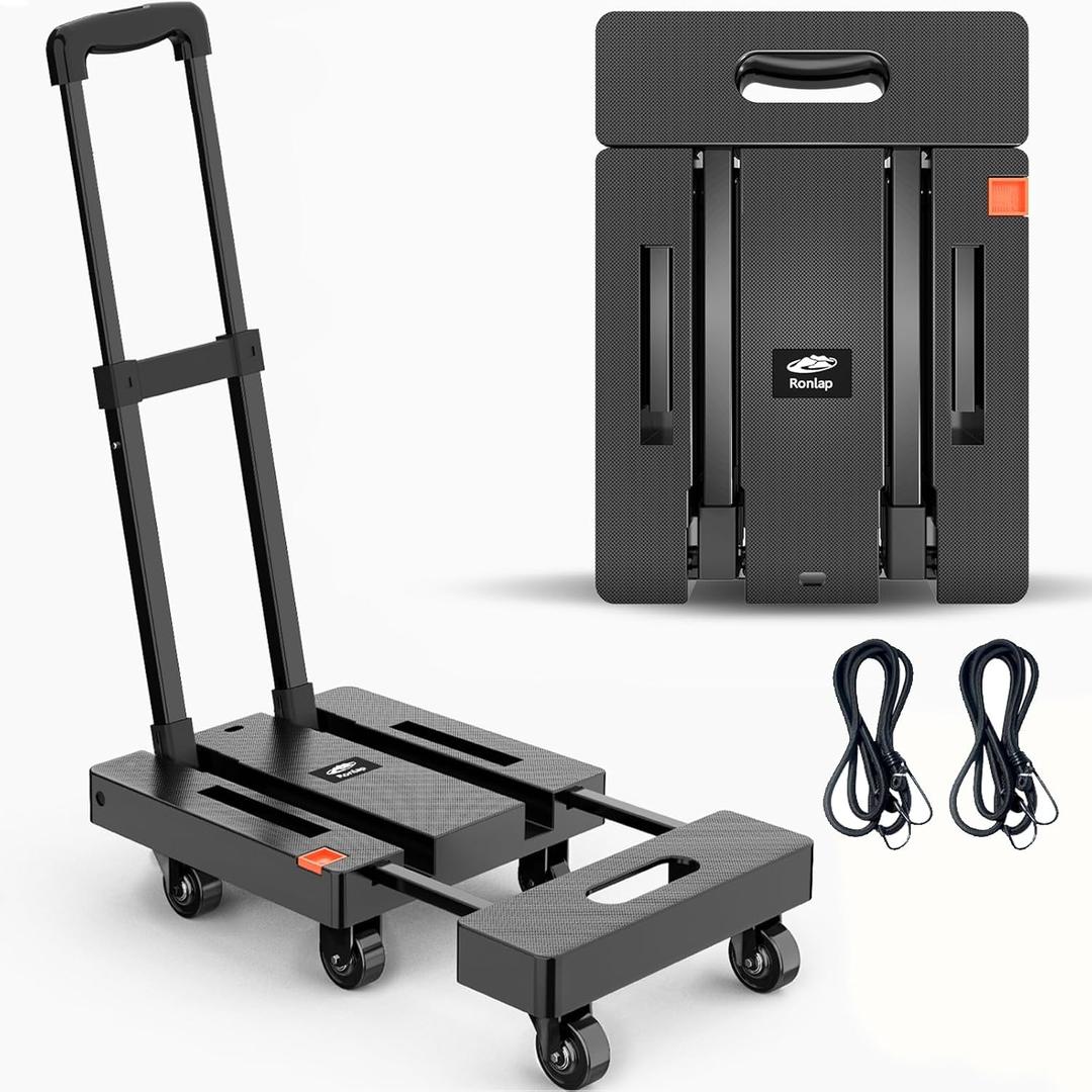 Ronlap Folding Hand Truck, Foldable Moving Dolly Cart with Wheels 500lbs Heavy Duty Luggage Cart Portable Hand Cart Collapsible Dolly with 6 Wheels & 2 Ropes for Airplane Travel House Moving, Black