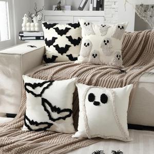 4pcs Halloween Throw Pillow Covers Set 18x18 Inch White Crochet Ghost Bat Pillowcase Embroidered Cushion Covers for Halloween Farmhouse Couch Sofa Room Decor