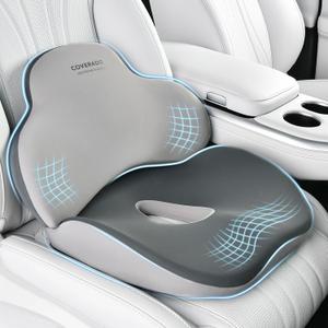 Coverado Car Seat Cushion and Lumbar Support Pillow, Memory Foam Ergonomic Back Support Driving Seat Cushion for Sciatica, Tailbone, Back Pain, Non-Slip Washable Cushion for Car, Driver, Office (2 Peices, Gray)