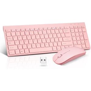 Wireless Keyboard and Mouse Combo, Compact Quiet Wireless Keyboard and Mouse Set 2.4G Ultra-Thin Sleek Design for Windows, Computer, Desktop, PC, Notebook, Laptop-Sakura Pink