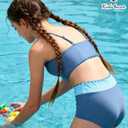 Kids4ever Kid4ever Girls Swimsuits 2 Piece Gray Blue Color Block Teen Bikini Sets with Chest Pad Adjustable Straps Bathing Suits for Girls V Neck High Waisted Summer Girls'Swimwear 11-12T